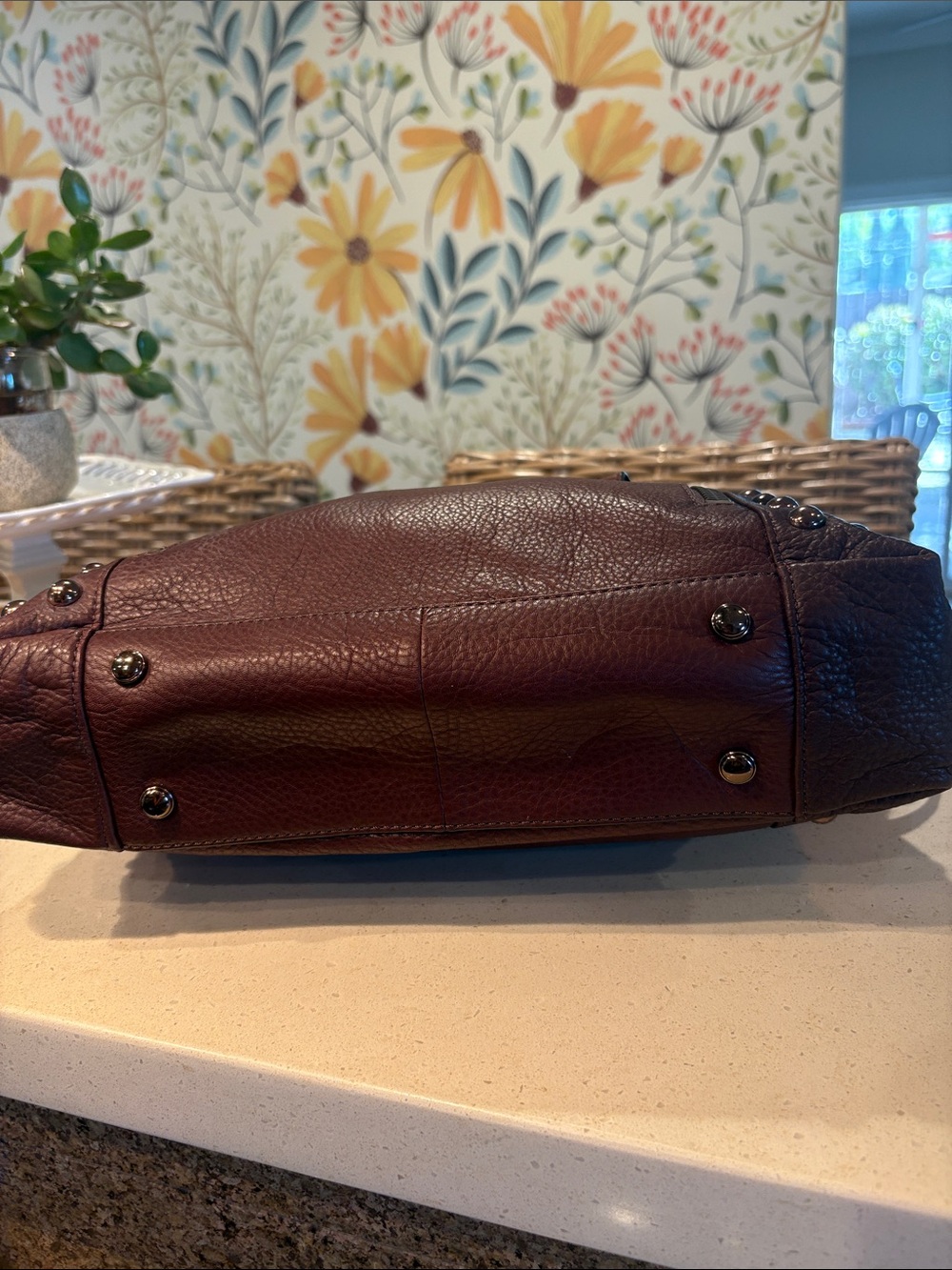 Makowsky Rose-Gold Studded Brown Leather Crossbody Hobo Bag - Picture 5 of 9